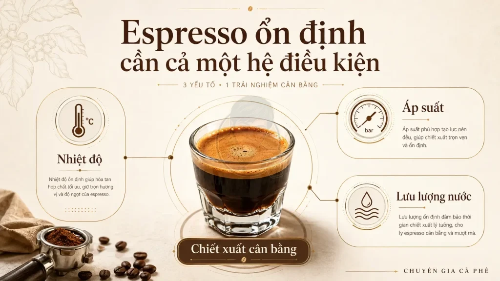 Sơ đồ nhiệt độ, áp suất và lưu lượng nước cùng ảnh hưởng đến độ ổn định của espresso.