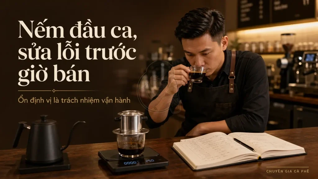 Barista kiểm tra ly cà phê phin đầu ca để tránh lỗi đắng gắt khi bán.