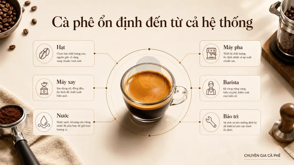 Cà phê ổn định đến từ sự kết hợp giữa hạt cà phê, máy xay, nước, máy pha, barista và bảo trì thiết bị.