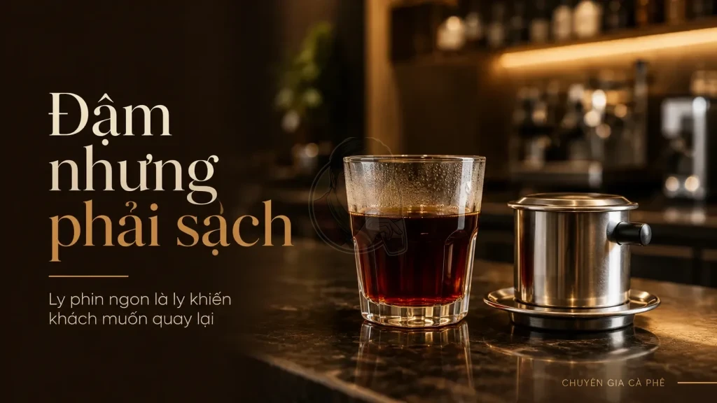 Ly cà phê phin đậm sạch không bị đắng gắt trong quán cà phê Việt Nam.