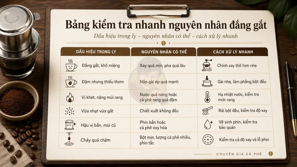 Bảng kiểm tra nhanh nguyên nhân đắng gắt