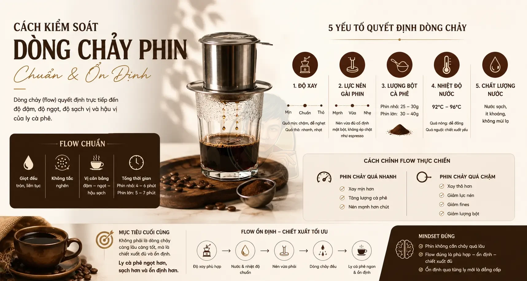 Cách kiểm soát dòng chảy phin chuẩn – Điều chỉnh flow để cà phê ổn định hơn.