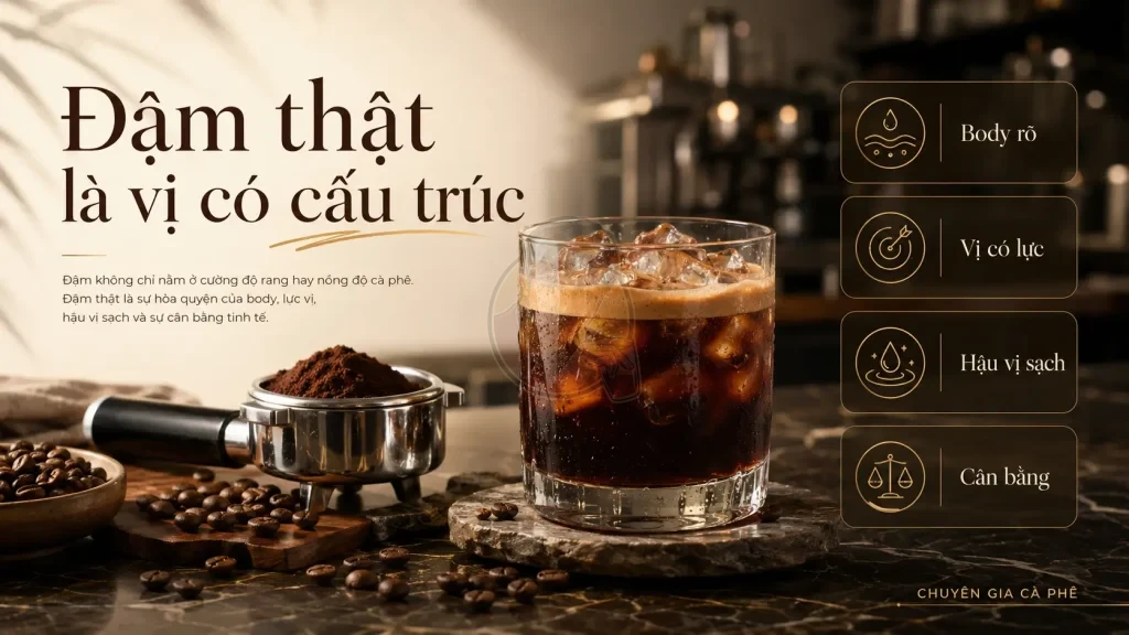 Đậm thật trong cà phê là vị có cấu trúc gồm body rõ, vị có lực, hậu vị sạch và cân bằng.