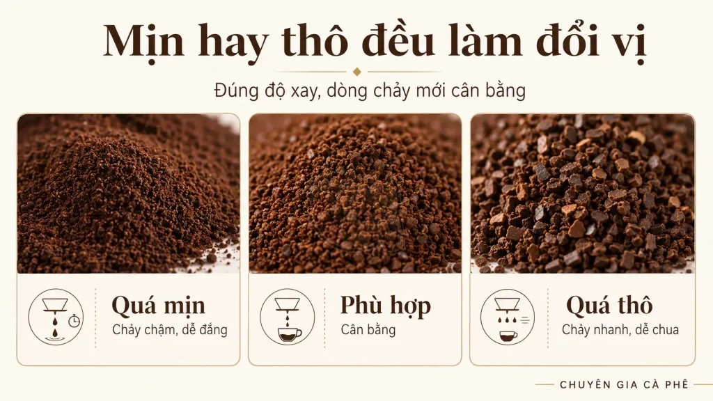 So sánh độ xay cà phê ảnh hưởng đến hương vị trong ly.