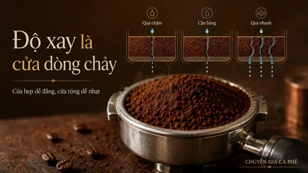 Độ xay cà phê quyết định tốc độ dòng nước đi qua bột cà phê khi chiết xuất espresso.