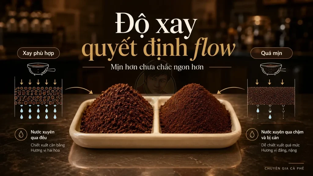 Độ xay cà phê ảnh hưởng đến flow và dòng chảy phin cà phê.