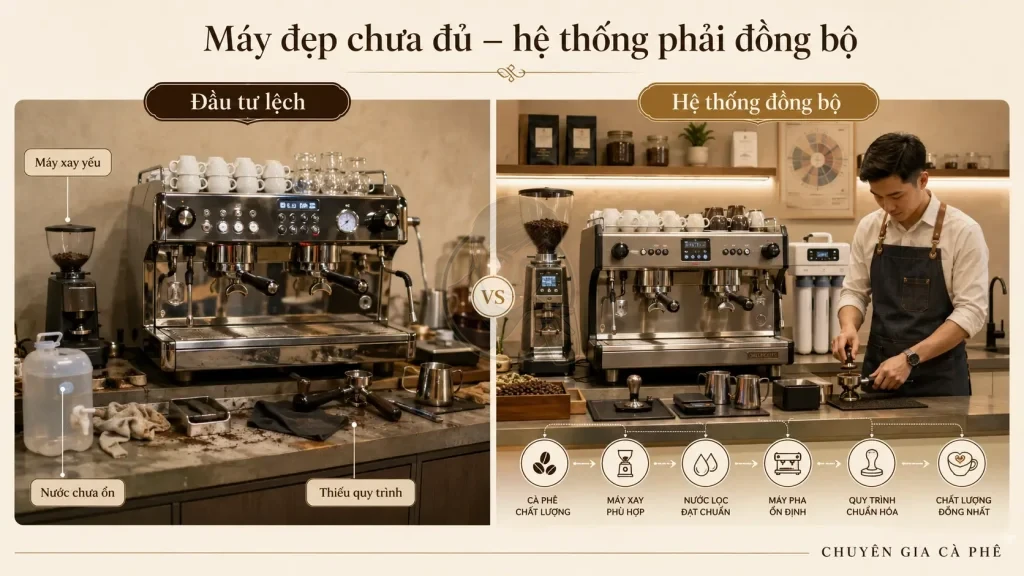 So sánh quầy bar chỉ đầu tư máy pha đẹp và quầy bar có hệ thống pha chế đồng bộ.
