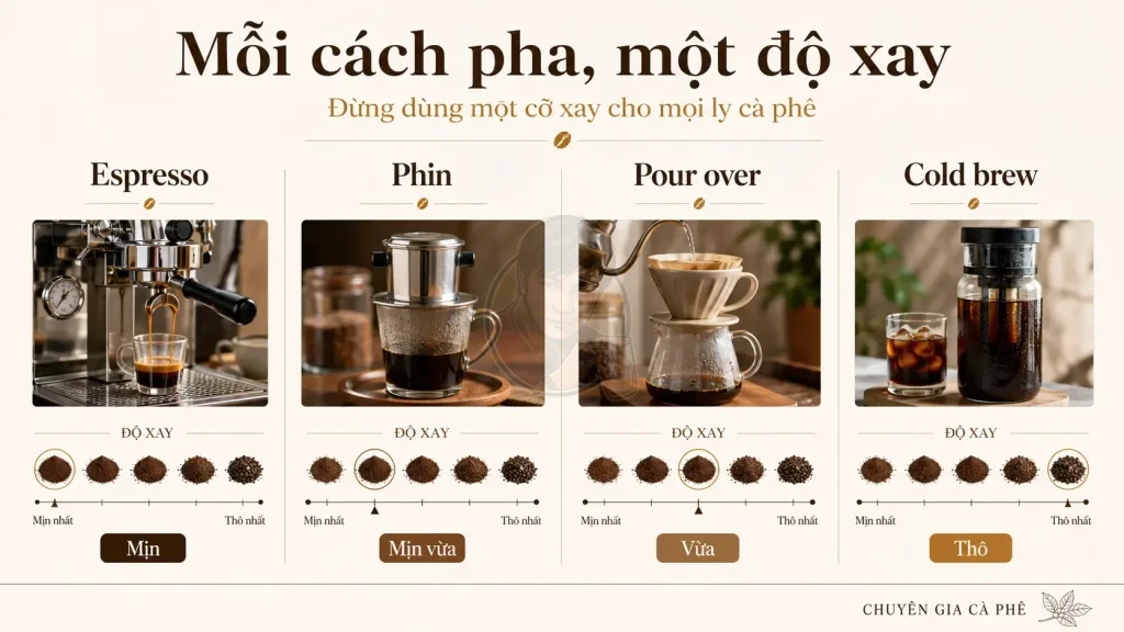 Bảng gợi ý độ xay cà phê cho mỗi phương pháp pha.