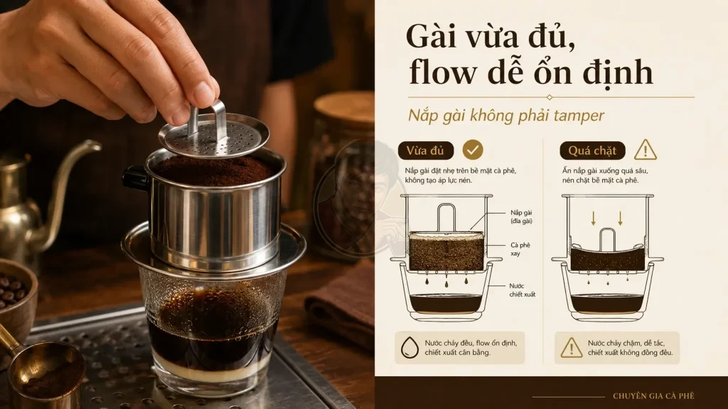 Cách gài nắp phin đúng để kiểm soát flow cà phê phin.
