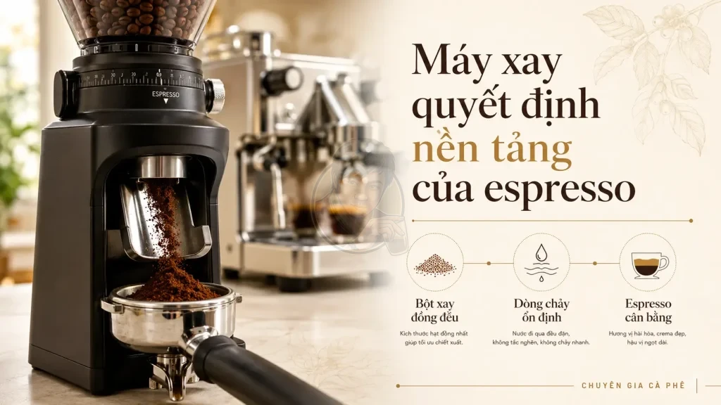 Máy xay cà phê ảnh hưởng đến độ đồng đều bột xay và chất lượng espresso ổn định.