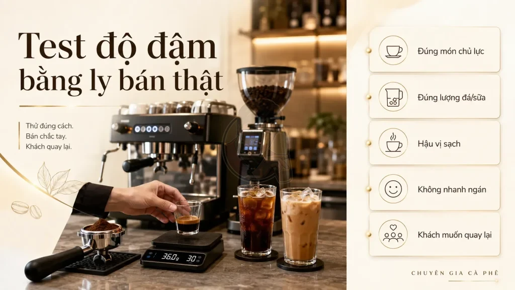 Checklist test độ đậm của cà phê cho quán bằng ly bán thật, hậu vị sạch và khả năng giữ khách quay lại.