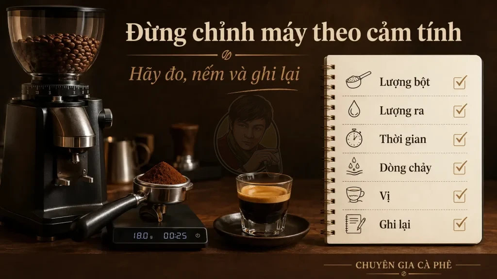 Checklist chỉnh độ xay cà phê espresso bằng dữ liệu.