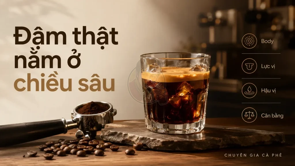 Cà phê đậm thật là cà phê có body, lực vị, hậu vị sạch và độ cân bằng tốt.