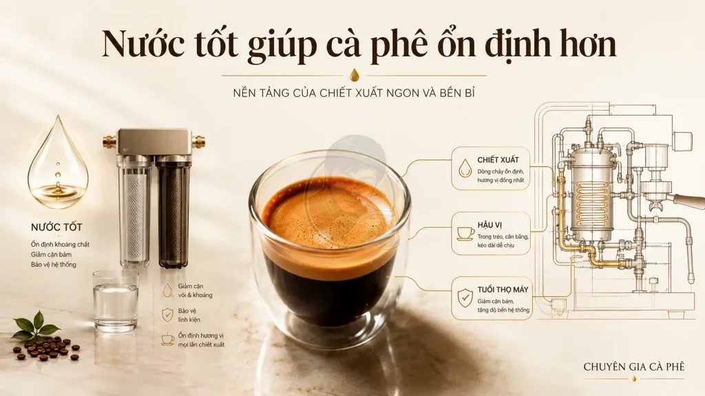 Nguồn nước ảnh hưởng đến chất lượng espresso, hậu vị cà phê và tuổi thọ máy pha.
