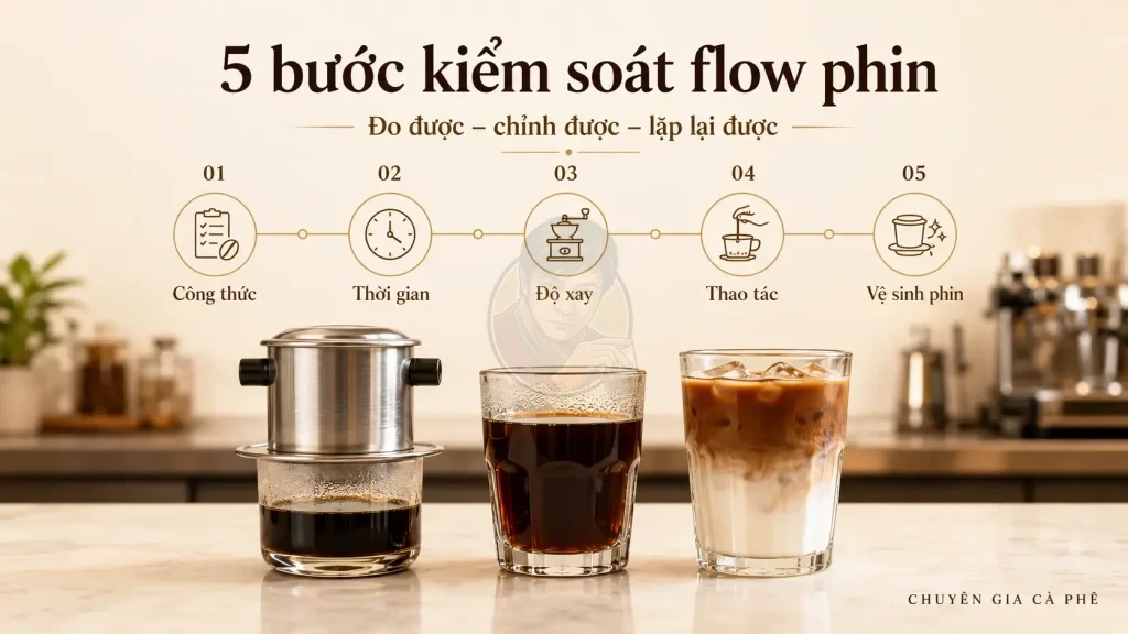 Quy trình 5 bước kiểm soát dòng chảy phin cho quán cà phê.