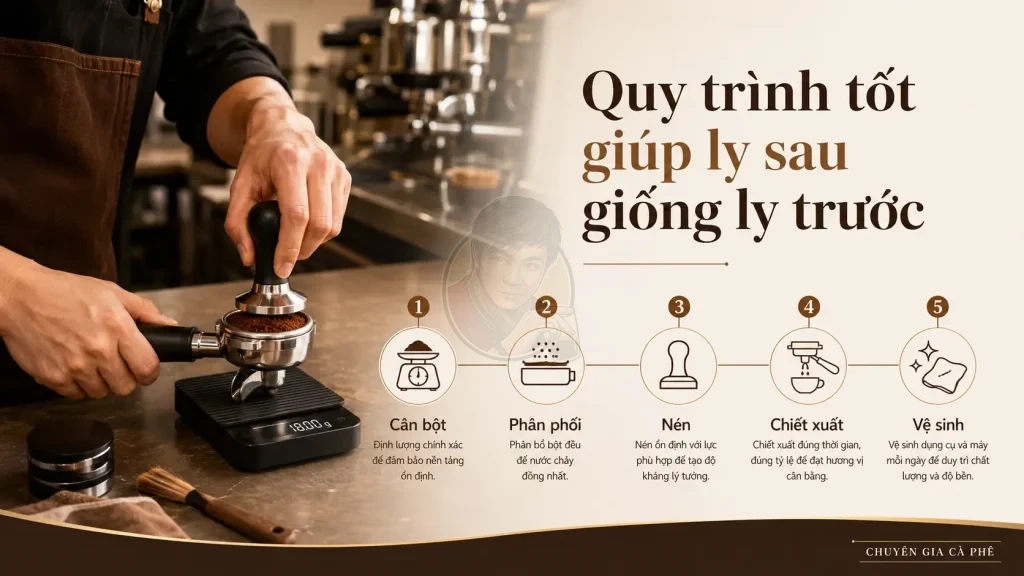 Quy trình barista giúp kiểm soát chất lượng cà phê pha máy ổn định giữa nhiều ly.