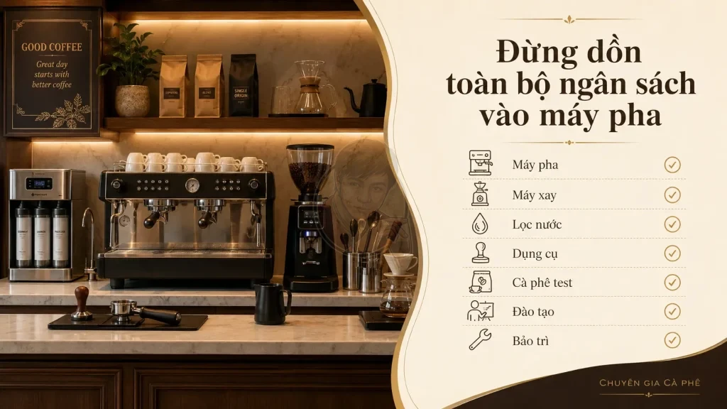 Phân bổ ngân sách đầu tư hệ thống pha máy gồm máy pha, máy xay, lọc nước, dụng cụ, đào tạo và bảo trì.