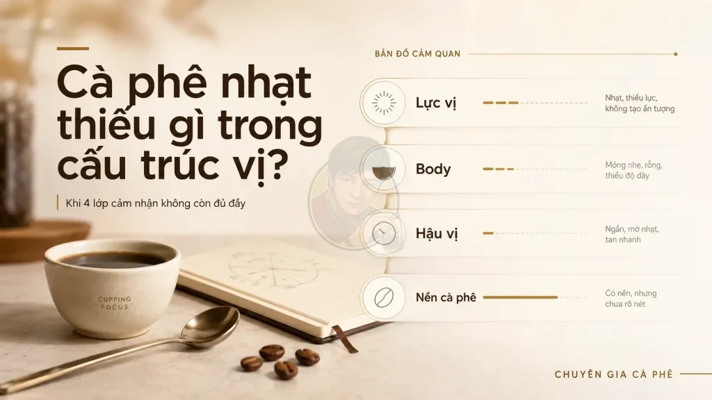Cà phê nhạt là cà phê thiếu lực vị, body yếu, hậu vị ngắn và dễ mất nền khi thêm đá hoặc sữa.