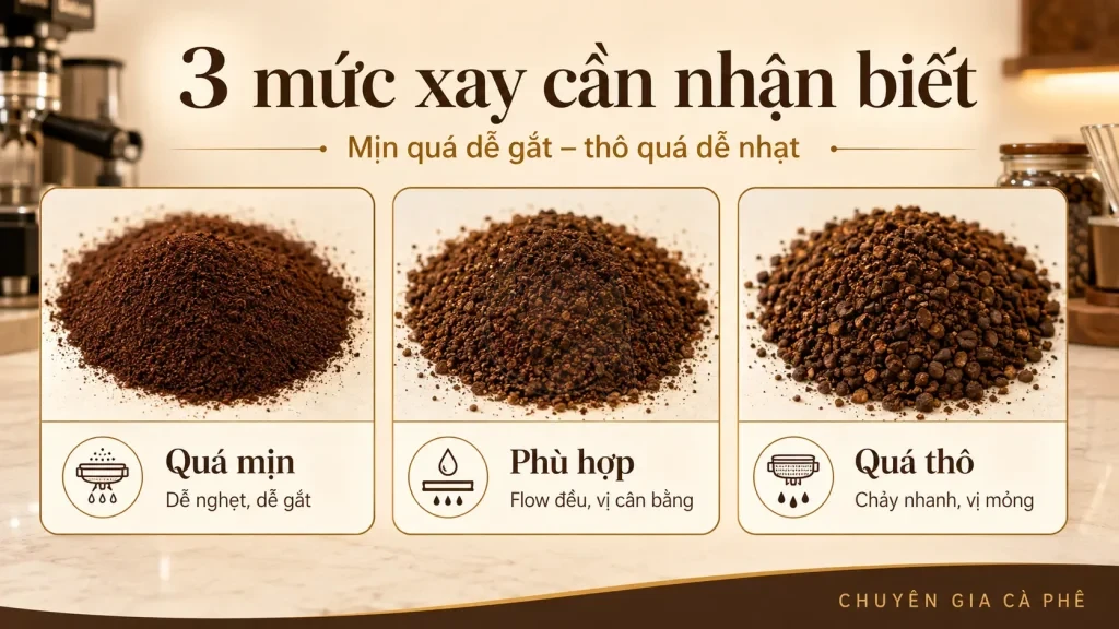 So sánh độ xay cà phê phin quá mịn phù hợp và quá thô.