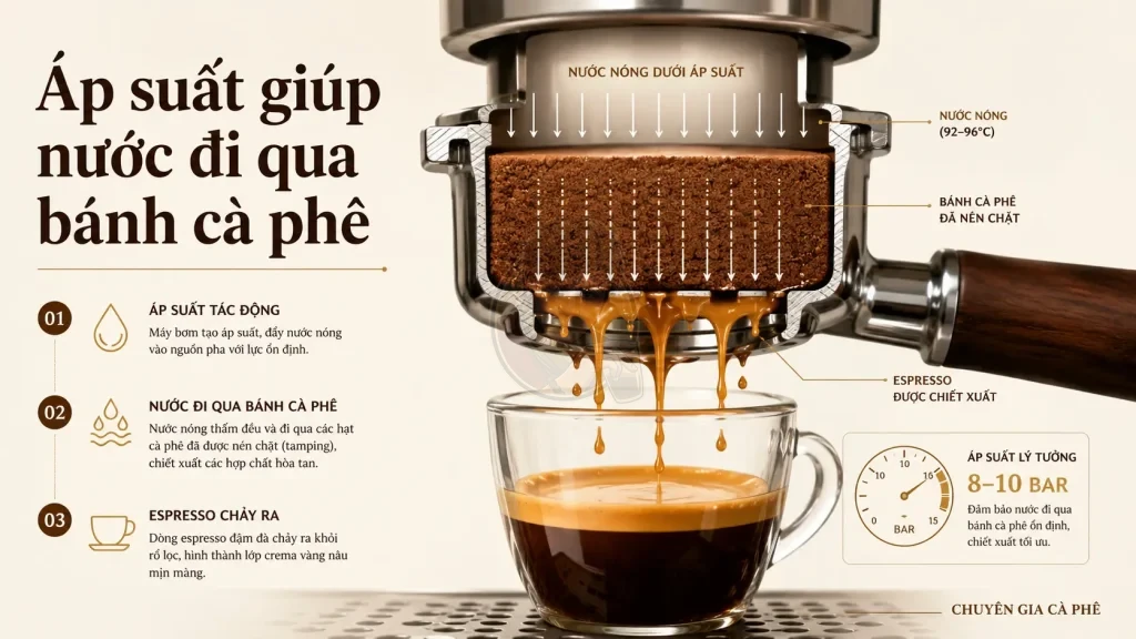 Áp suất espresso giúp nước nóng đi qua bánh cà phê để chiết xuất hương vị.