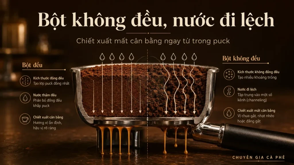Bột xay cà phê không đều khiến nước đi lệch trong puck và ảnh hưởng đến chiết xuất espresso.