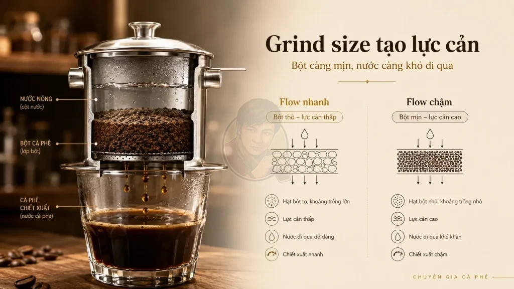 Grind size tạo lực cản và ảnh hưởng dòng chảy phin cà phê.