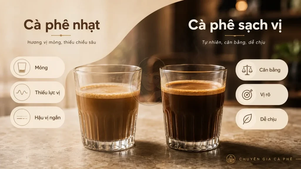 So sánh cà phê nhạt và cà phê sạch vị qua body, lực vị, hậu vị và cảm giác sau khi uống.