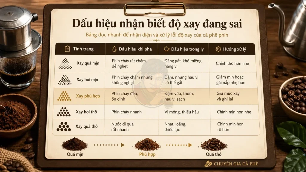 Dấu hiệu xay cà phê phin sai làm ly cà phê bị gắt hoặc nhạt.