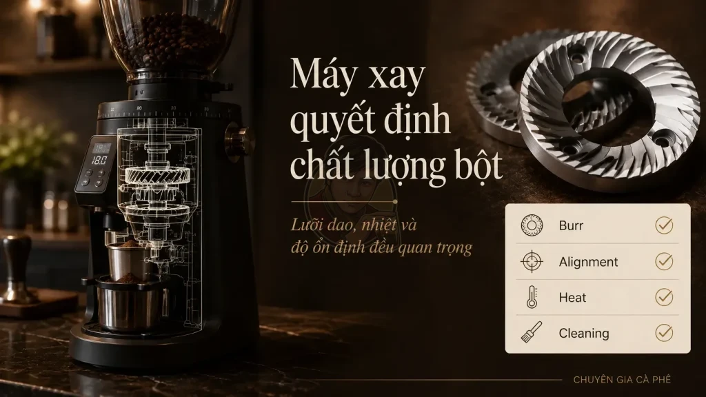 Lưỡi dao máy xay cà phê ảnh hưởng đến độ đồng đều bột xay và chất lượng chiết xuất espresso.