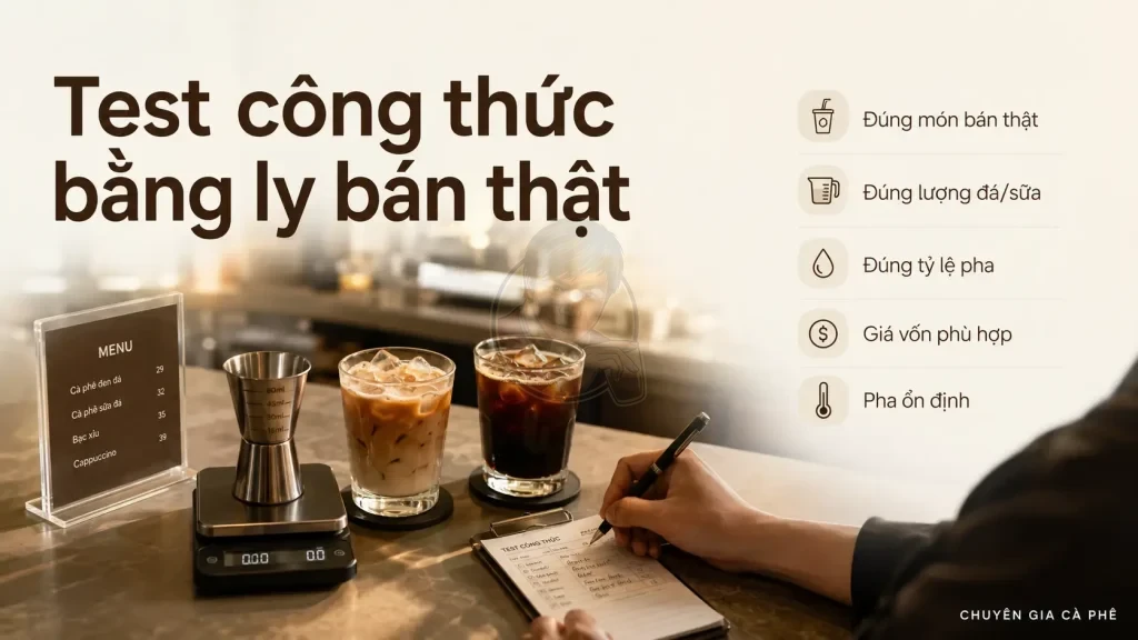 Checklist test cà phê rang mộc có thật sự nhạt không bằng ly bán thật, đá sữa thực tế và hậu vị sau khi uống.
