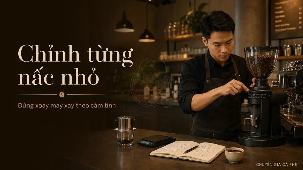 Barista điều chỉnh máy xay để chọn độ xay phù hợp cho cà phê phin.