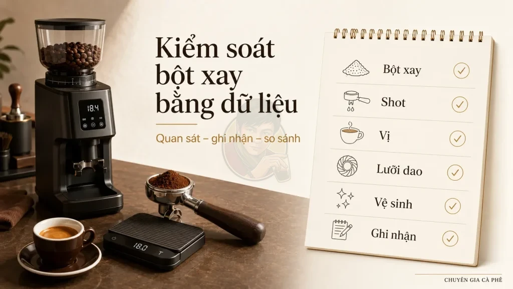 Checklist kiểm soát độ đồng đều bột xay cà phê bằng quan sát shot espresso và dữ liệu vận hành.
