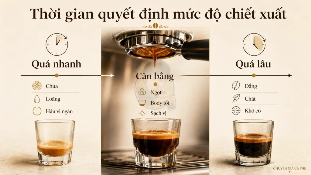 Thời gian chiết xuất espresso ảnh hưởng đến vị chua, vị cân bằng và vị đắng chát.