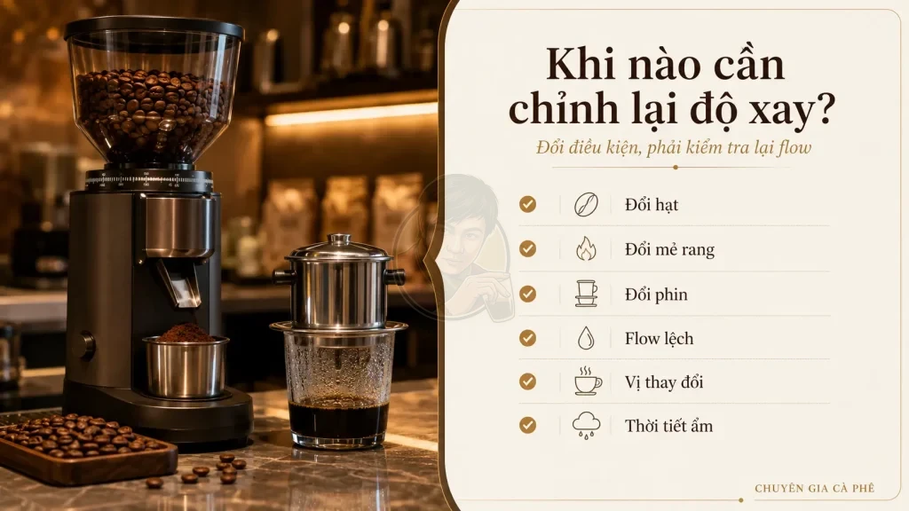 Checklist thời điểm cần chỉnh lại độ xay cà phê phin cho quán.