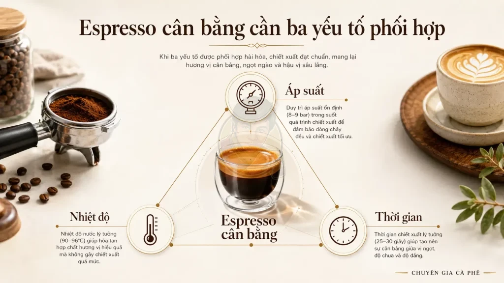 Áp suất, nhiệt độ và thời gian phối hợp để tạo ra ly espresso cân bằng.