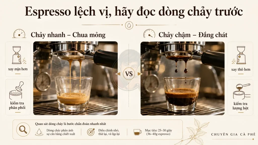 Cách nhận biết espresso chảy nhanh, chảy chậm và điều chỉnh chiết xuất.