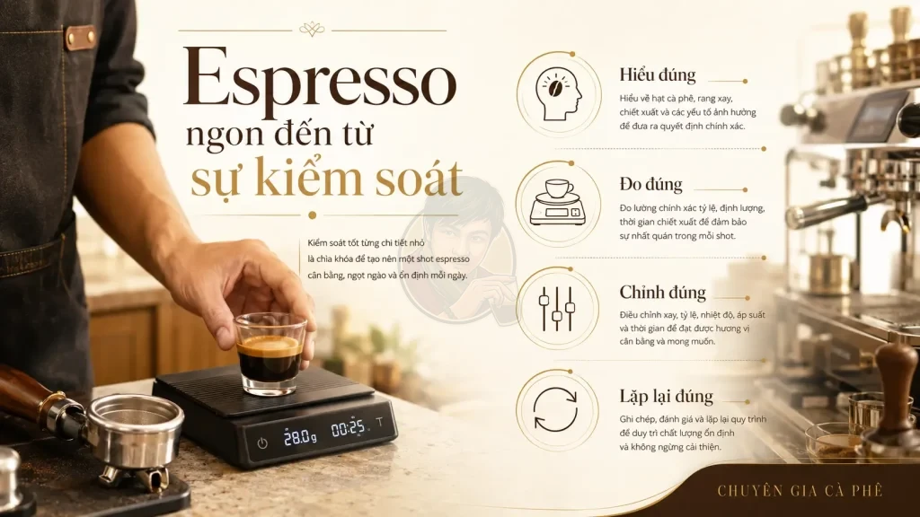 Chiết xuất espresso ổn định nhờ hiểu đúng nguyên lý, đo đúng thông số, chỉnh đúng kỹ thuật và lặp lại quy trình.