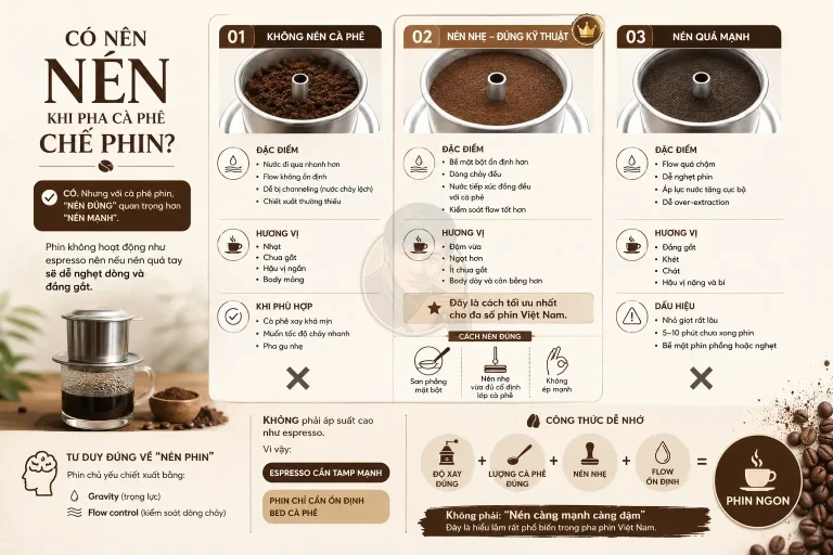 Có nên nén cà phê trong phin? Nén vs không nén.
