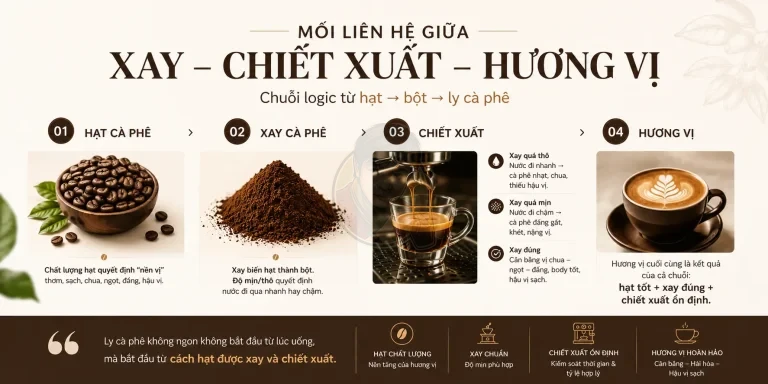 Mối liên hệ giữa xay và chiết xuất hương vị cà phê.