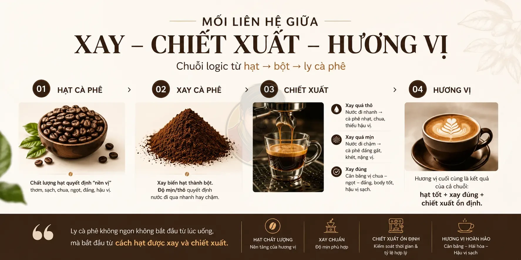 Mối liên hệ giữa xay và chiết xuất hương vị cà phê.