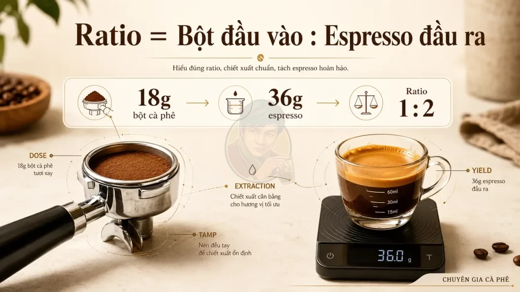 Công thức ratio espresso theo tỷ lệ 1:2.