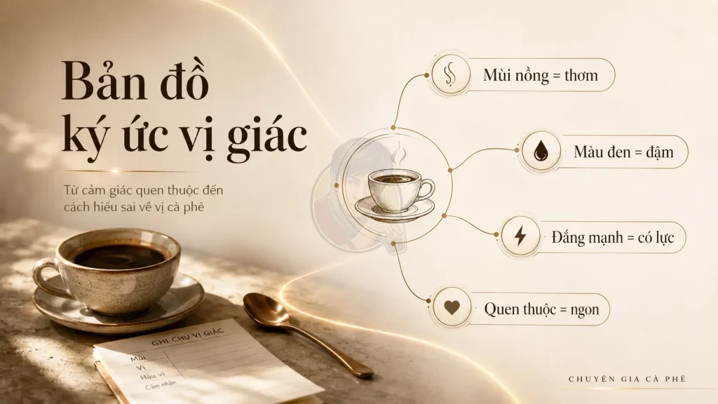 Người uống thường đánh giá cà phê rang mộc bằng ký ức vị giác như mùi nồng, màu đen và vị đắng mạnh.