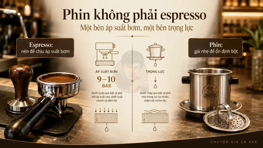 So sánh nén espresso và gài nắp phin cà phê trong pha chế.