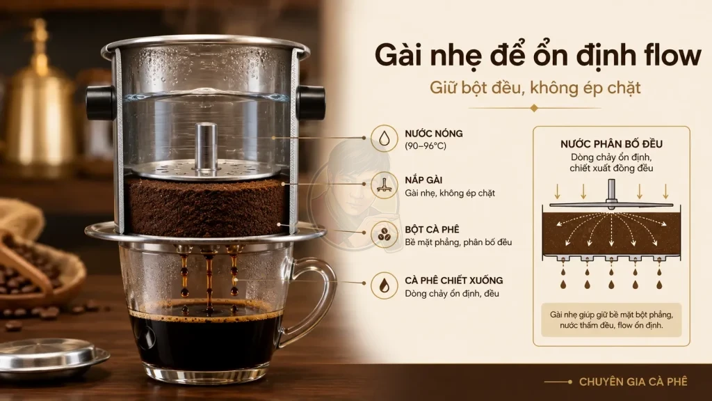 Gài nhẹ nắp phin giúp kiểm soát flow và ổn định lớp bột cà phê.