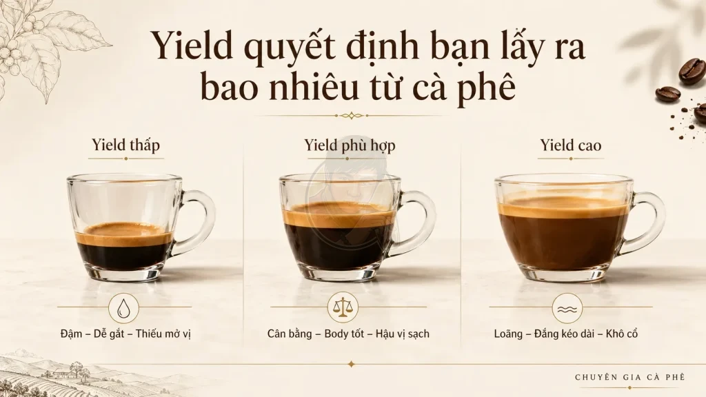 Yield espresso ảnh hưởng đến độ đậm, body, hậu vị và chất lượng shot espresso.