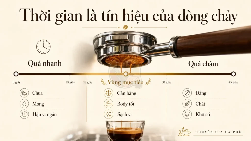 Thời gian chiết xuất espresso giúp nhận biết shot chảy nhanh, chảy chậm và mức độ cân bằng hương vị.