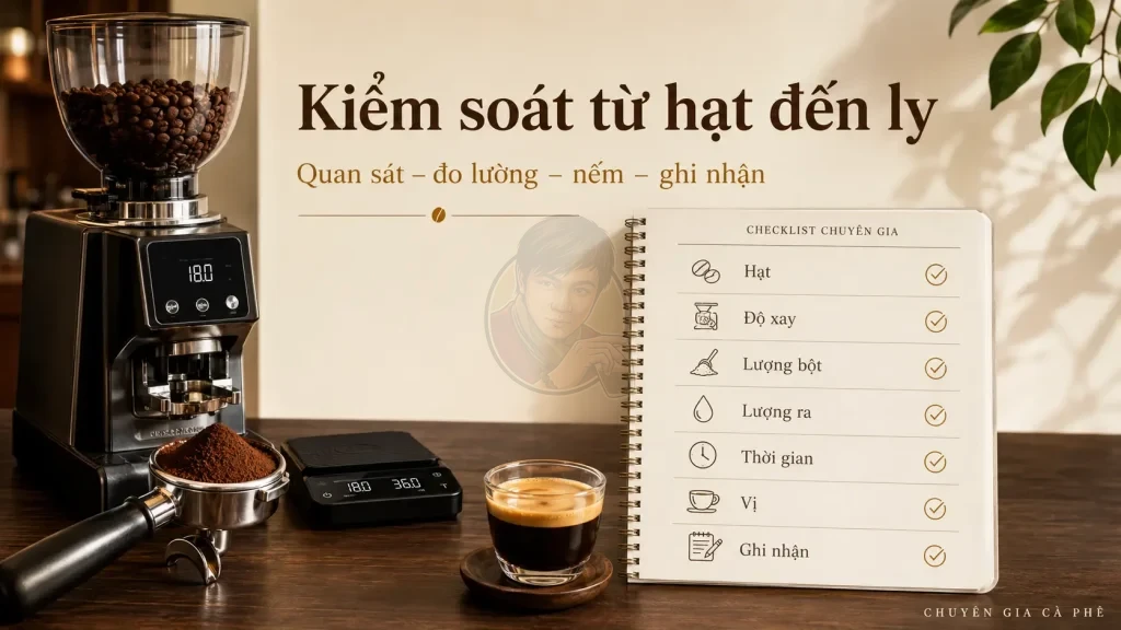 Checklist kiểm soát chất lượng cà phê từ hạt, bột xay, chiết xuất đến hương vị trong ly.
