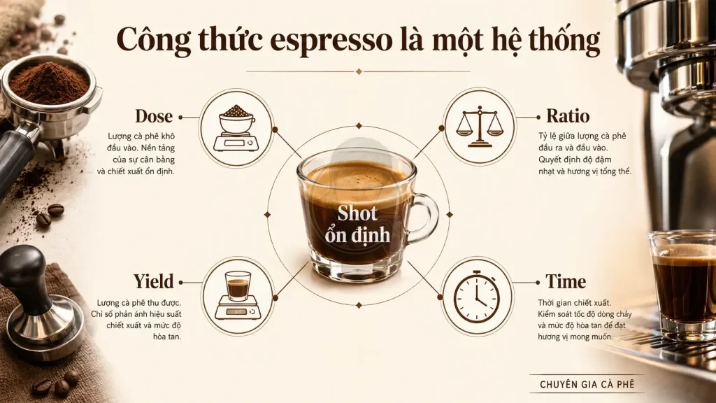 Dose, ratio, yield và thời gian liên kết với nhau để tạo công thức espresso ổn định.