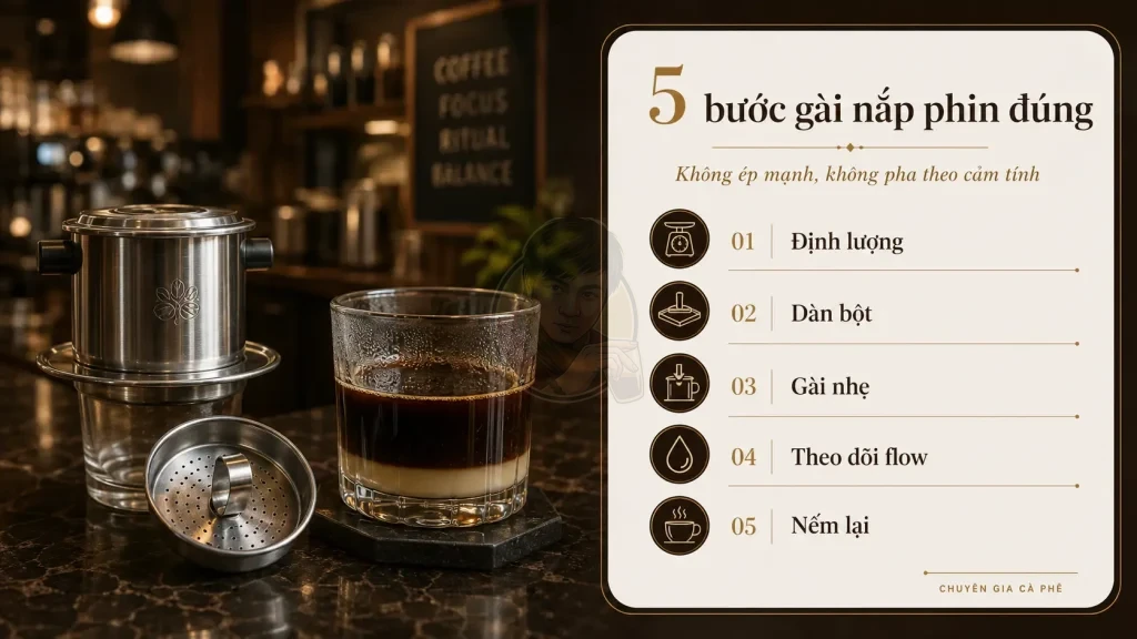 Checklist cách gài nắp phin đúng để tránh cà phê phin bị nghẹt và đắng gắt.