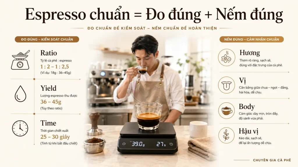 Shot espresso chuẩn cần kiểm soát ratio, yield, thời gian và đánh giá bằng hương vị thực tế.